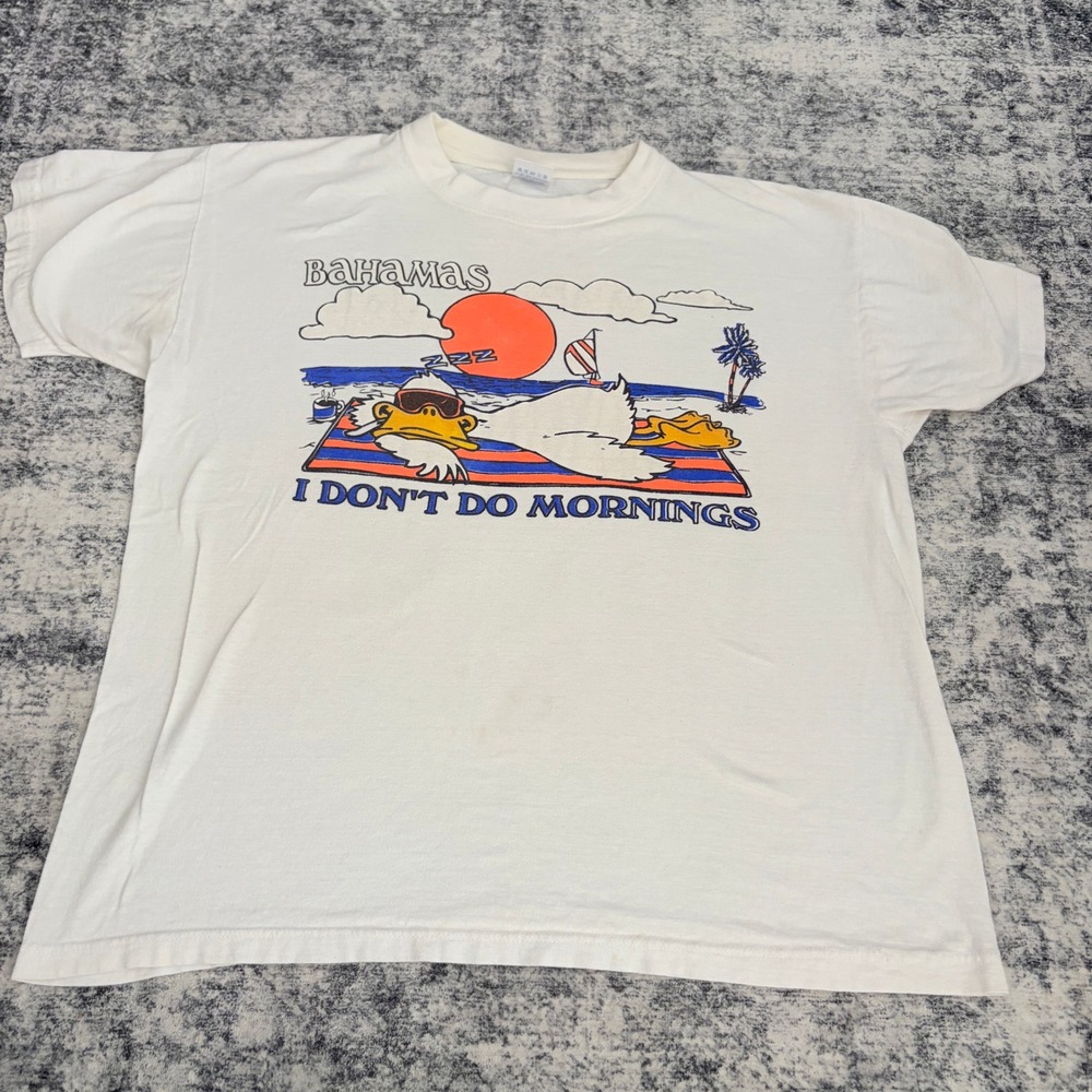 Dorsett Tee's Bahamas I Don't Do Mornings Duck T-Shirt XL Mens Vintage White 90s